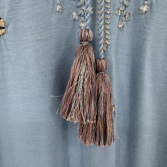 Soft Surroundings Shirt Womens M Blue Embroidered Tassel Tie Boho Tunic Top - Picture 4 of 11